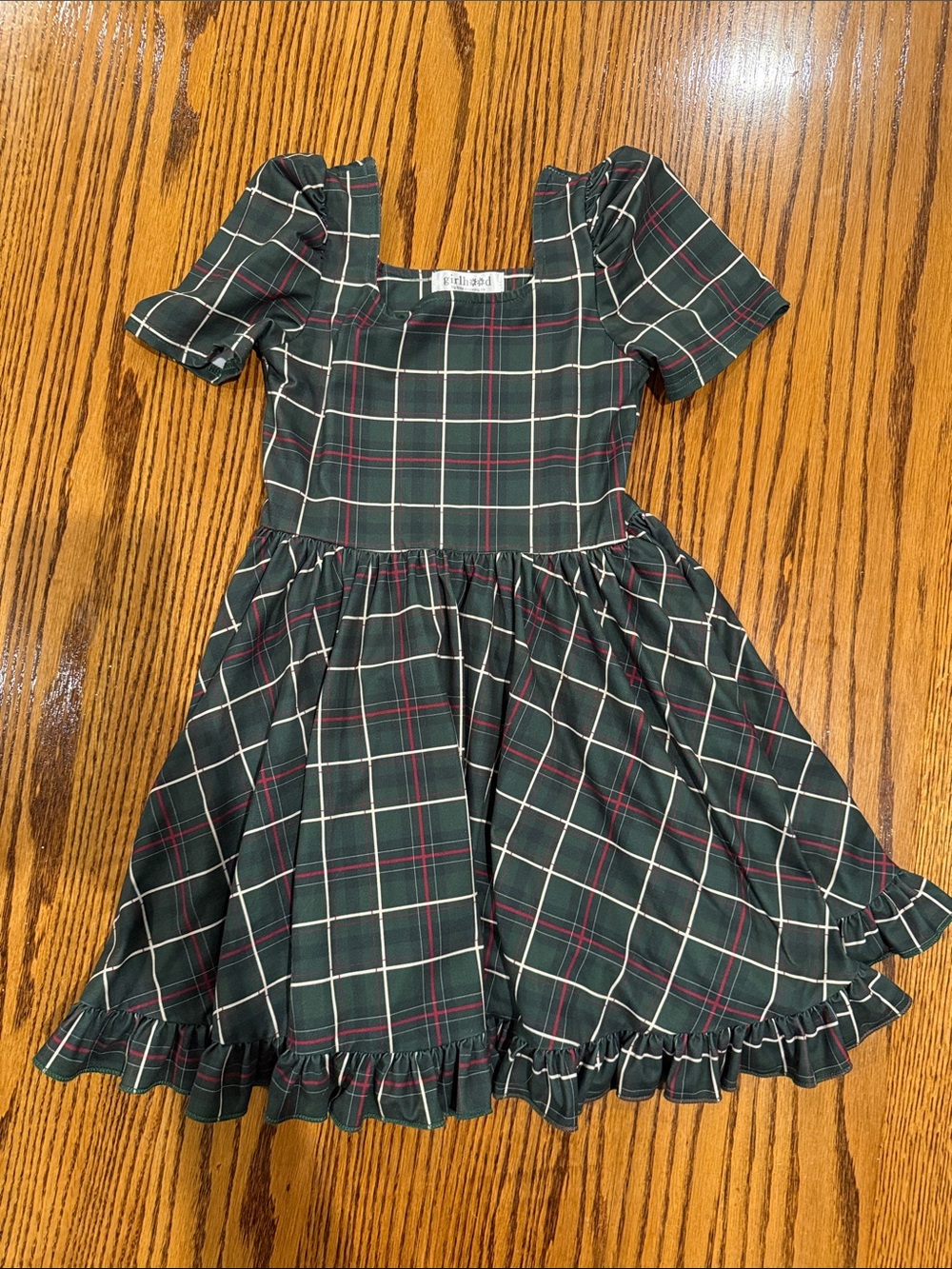 Girls' Green Plaid Square-Neck Ruffle Hem Dress